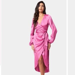 NWT Bebe Pink Satin Wrap High Low Dress Fiji Flower Size 8